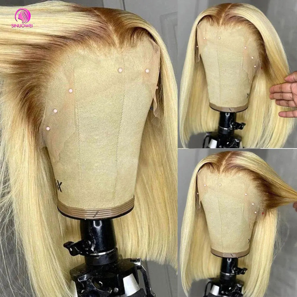 4/613 Blonde Short Bob Wig Transparent Lace Front Human Hair Wigs 13X4 Honey Blonde Dark Root Colored Short Bob Lace Frontal Wig