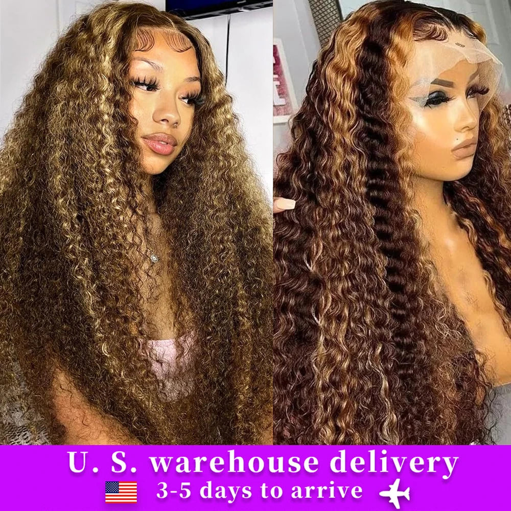 Honey Blonde Deep Water Wave 13x6 HD Lace Frontal Wig 30 32 34 Inch Human Hair Highlight Curly Human Hair Wigs