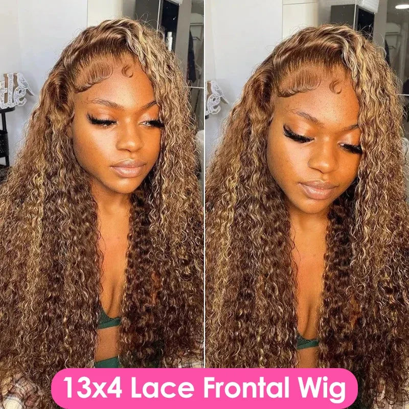 Honey Blonde Deep Water Wave 13x6 HD Lace Frontal Wig 30 32 34 Inch Human Hair Highlight Curly Human Hair Wigs