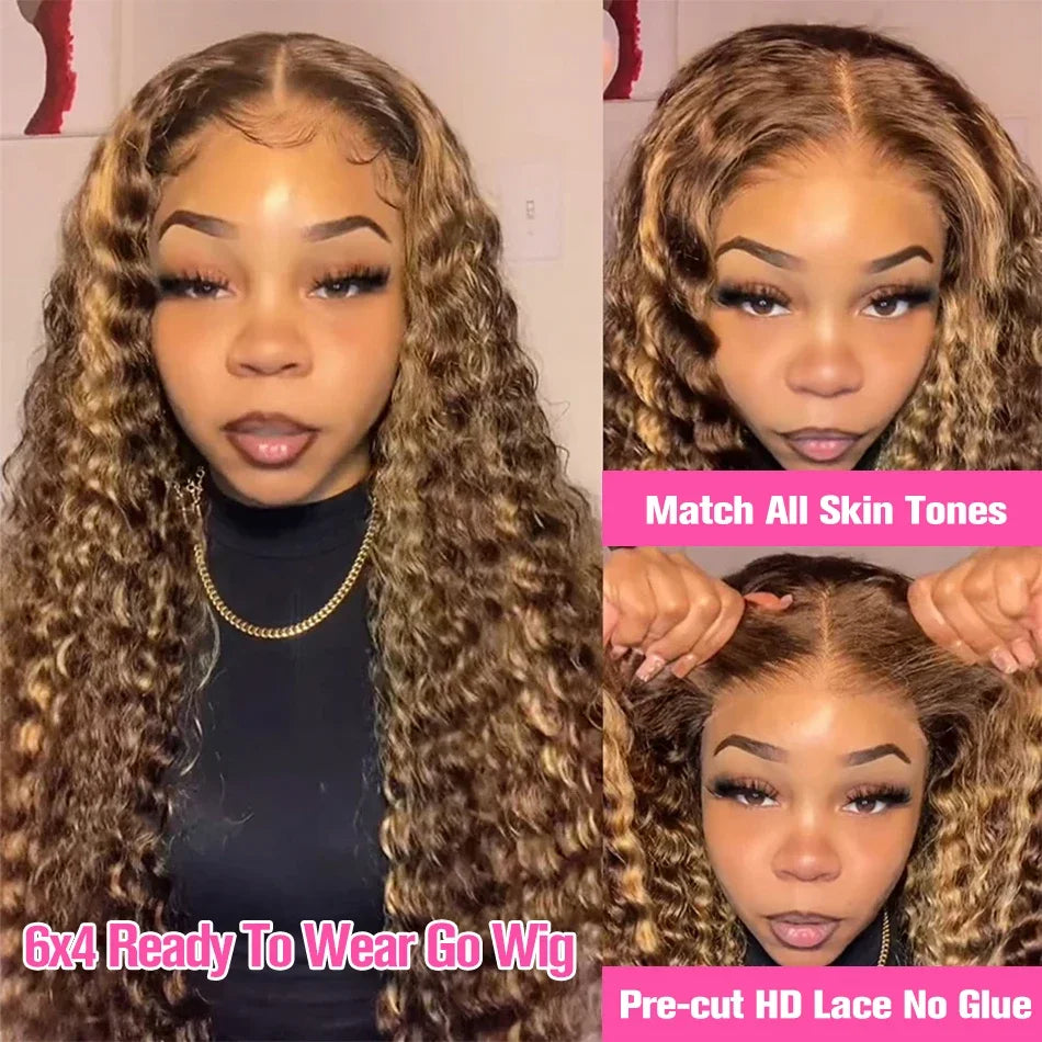 Honey Blonde Deep Water Wave 13x6 HD Lace Frontal Wig 30 32 34 Inch Human Hair Highlight Curly Human Hair Wigs