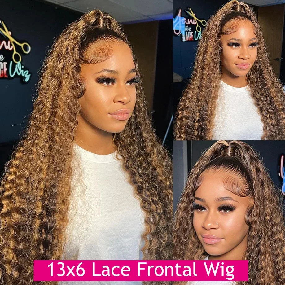 Honey Blonde Deep Water Wave 13x6 HD Lace Frontal Wig 30 32 34 Inch Human Hair Highlight Curly Human Hair Wigs