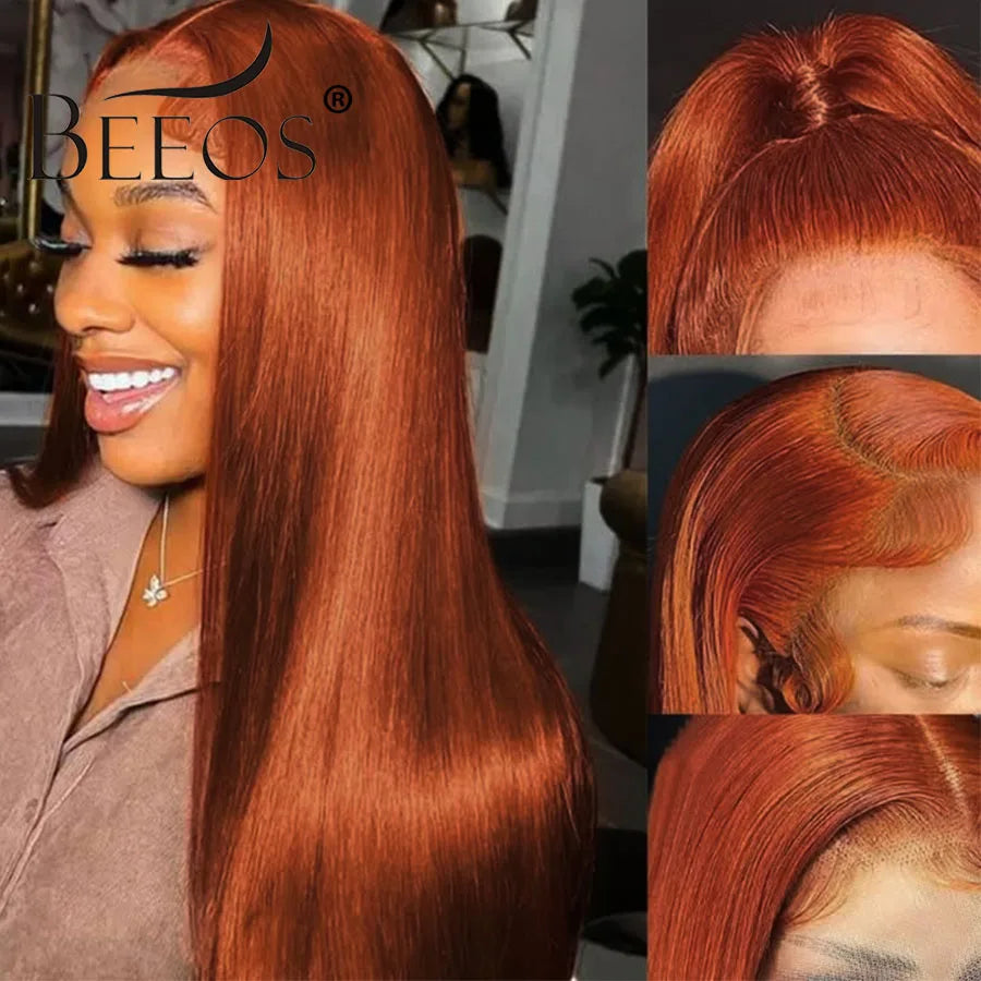 BEEOS Glueless Ginger Orange Straight Human Hair Wig Lace Front 13x6 HD Frontal Colored Wig Preplucked For Women Human Hair Wig