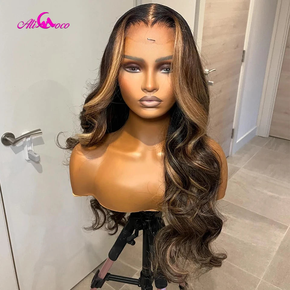 13x4 Body Wave Highlight Lace Frontal Wigs Human Hair Brown Colored For Woman Lace Frontal Wig Pre Plucked Remy Hair 180 Density