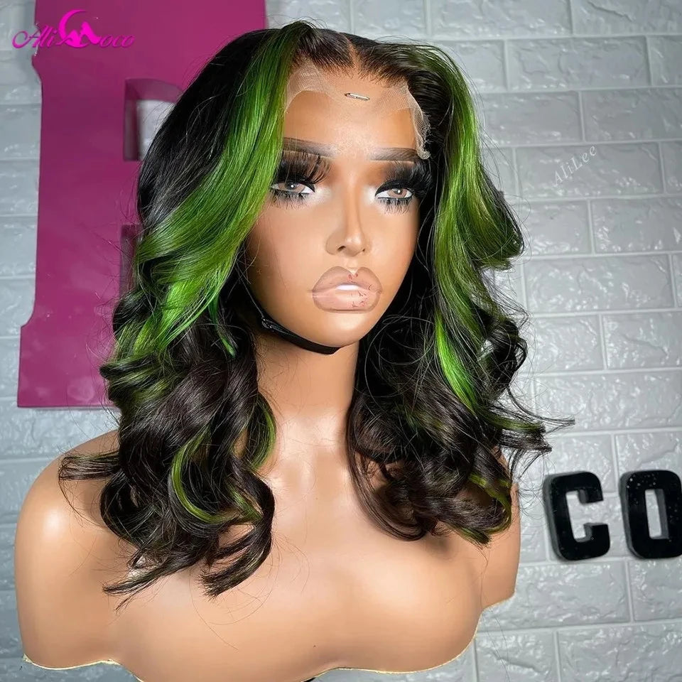 Highlight Green Body Wave Bob Wig Lace Frontal Human Hair Wigs 13x4 Short Bob Transparent Lace Wig Pre Plucked For Women