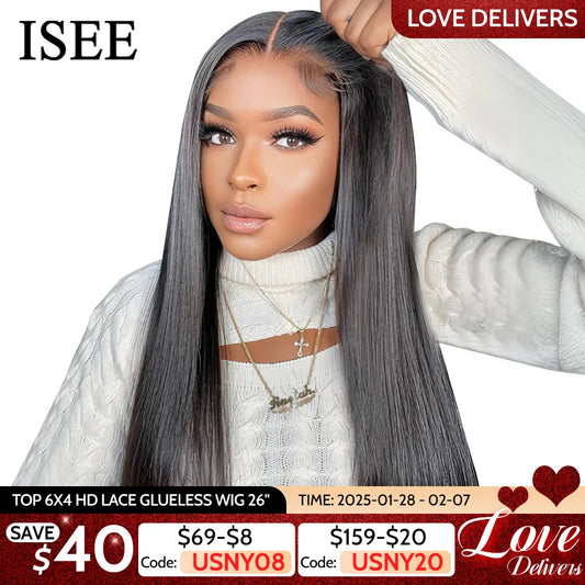 ISEE Hair Glueless Wig Human Hair Ready To Wear Straight Glueless Preplucked Wear And Go Wigs 6X4 HD Lace Front Wigs PreCut Lace