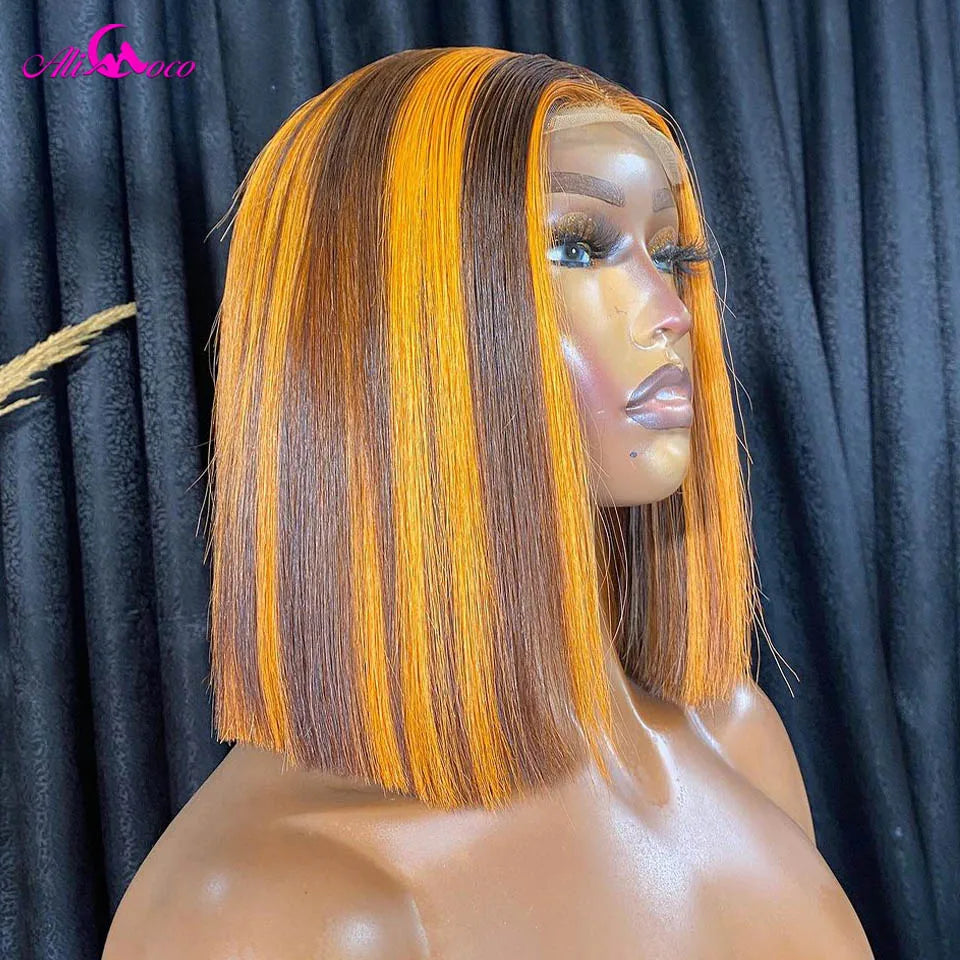 180 Density Highlight Yellow Straight 13x4 Lace Frontal Human Hair Short Bob Wigs Transparent For Women Pre Plucked