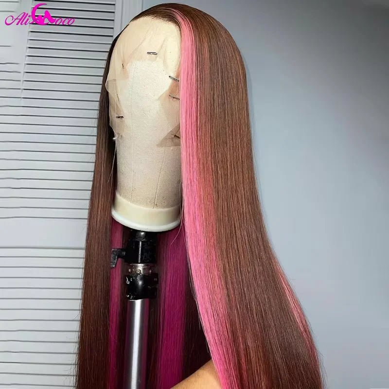 Lace Brown Pink 13x4 Straight Lace Frontal Wig For Women Pink Hightlight Body Lace Front Human Hair Wigs Remy Wig Ali Coco