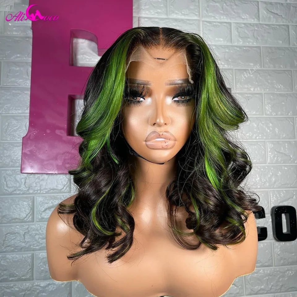 Highlight Green Body Wave Bob Wig Lace Frontal Human Hair Wigs 13x4 Short Bob Transparent Lace Wig Pre Plucked For Women