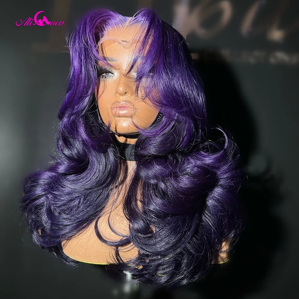 Purple And Black Ombre 180 200 Density Body Wave Lace Front Wigs Human Hair 13X4 13X6 Transparent Lace For Women Ombre Purple