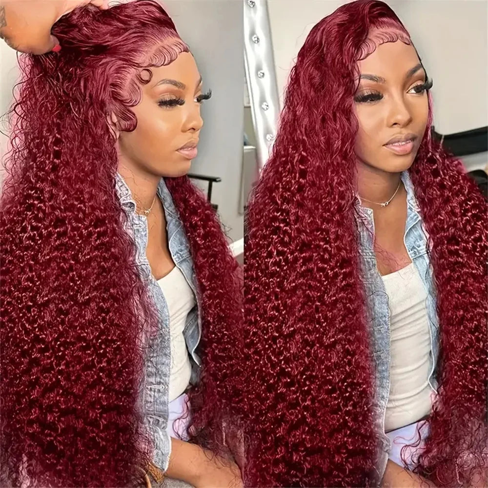 13x4 13x6 Burgundy Deep Wave Frontal Wig Curly Wigs Human Hair Hd Colored 99j Red Lace Front Human Hair Wigs For Black Women