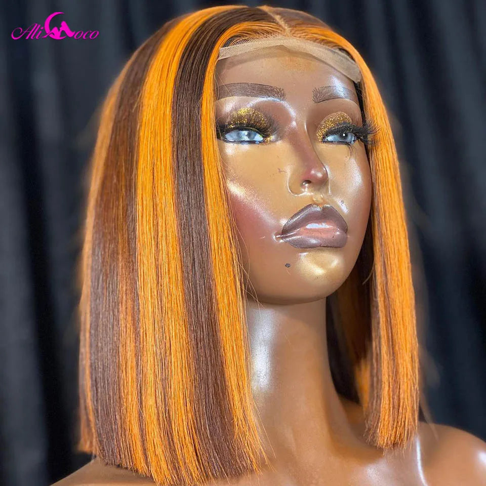 180 Density Highlight Yellow Straight 13x4 Lace Frontal Human Hair Short Bob Wigs Transparent For Women Pre Plucked