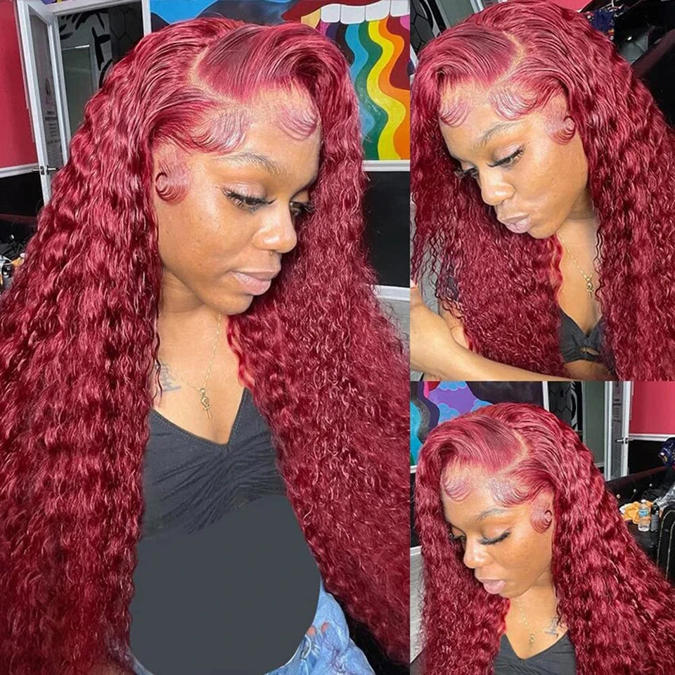 13x4 13x6 Burgundy Deep Wave Frontal Wig Curly Wigs Human Hair Hd Colored 99j Red Lace Front Human Hair Wigs For Black Women