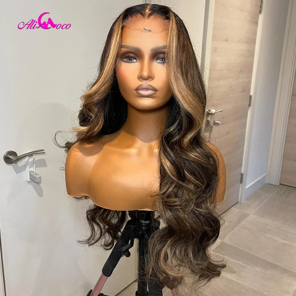 13x4 Body Wave Highlight Lace Frontal Wigs Human Hair Brown Colored For Woman Lace Frontal Wig Pre Plucked Remy Hair 180 Density