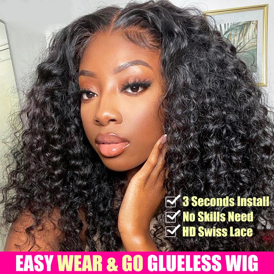 Water Wave Glueless Wig Pre-Cut Lace Wig 180% Pre-Plucked Natural Wave Wear Go Glueless Curly Human Hair Wigs For Women