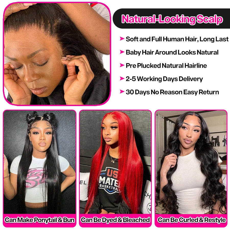 Short Brazilian Straight Lace Front Wigs for Women 13x4 30 40 Inch 13x6 360 Lace Frontal Wig with Natural Hair Texture