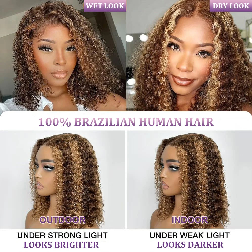 Highlight Color Short Bob Wigs Deep Wave 13x4 Lace Frontal Wigs Brazilian Human Hair Deep Curly Full Frontal Bob Wig Ombre Color