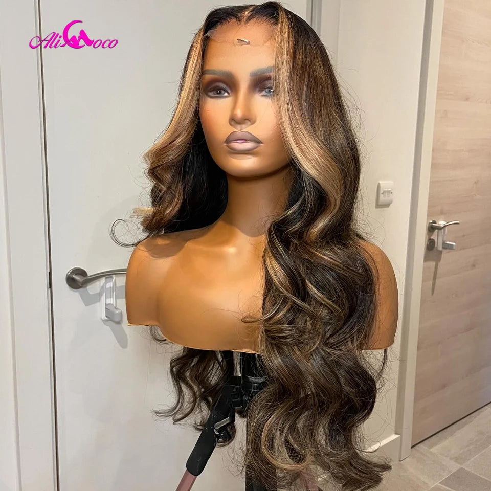 13x4 Body Wave Highlight Lace Frontal Wigs Human Hair Brown Colored For Woman Lace Frontal Wig Pre Plucked Remy Hair 180 Density