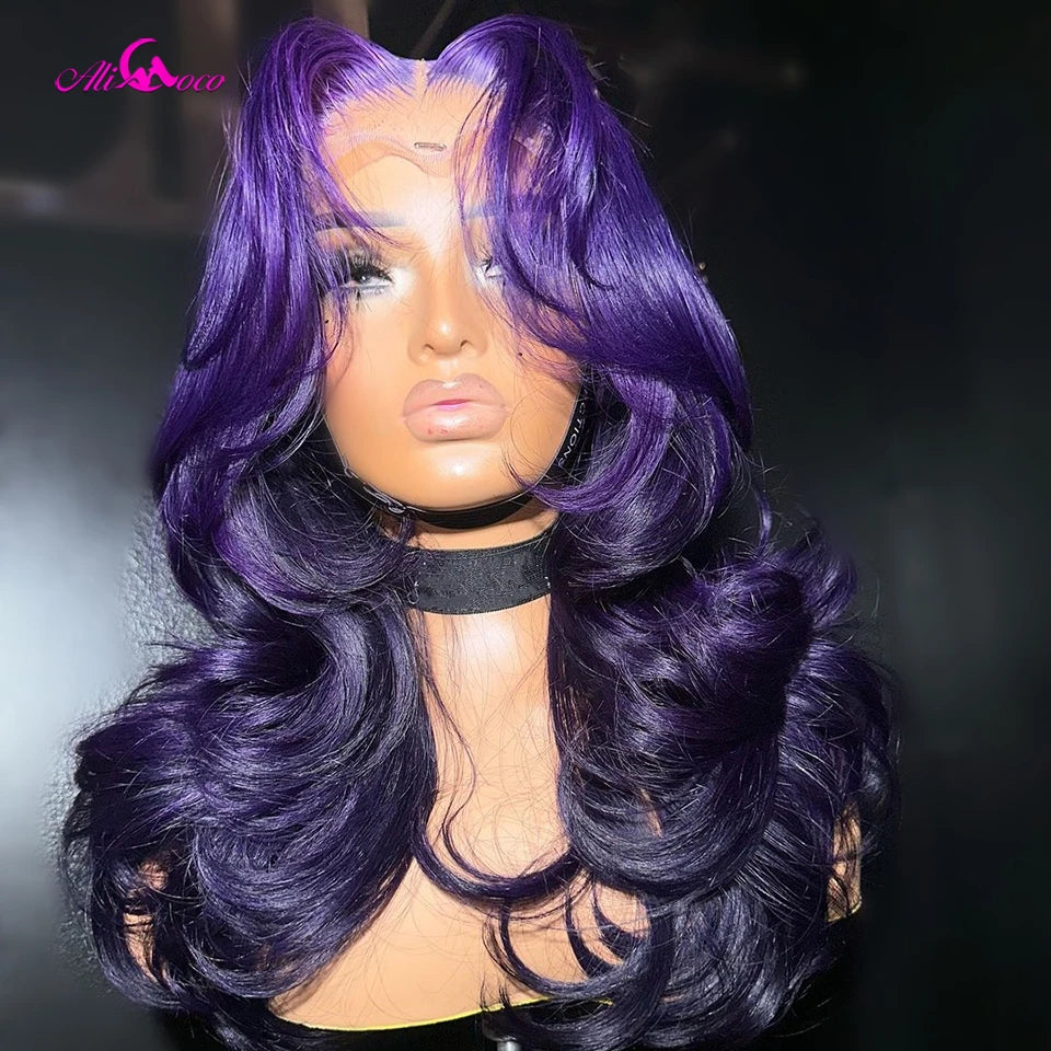 Purple And Black Ombre 180 200 Density Body Wave Lace Front Wigs Human Hair 13X4 13X6 Transparent Lace For Women Ombre Purple