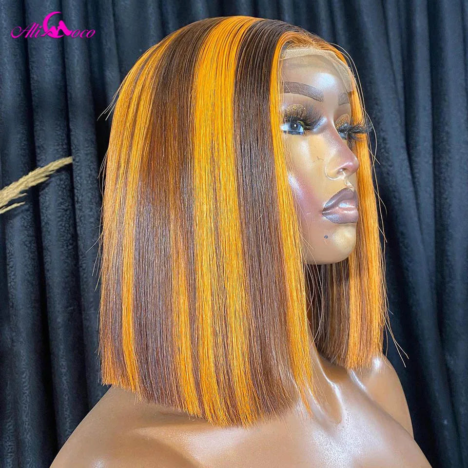 180 Density Highlight Yellow Straight 13x4 Lace Frontal Human Hair Short Bob Wigs Transparent For Women Pre Plucked