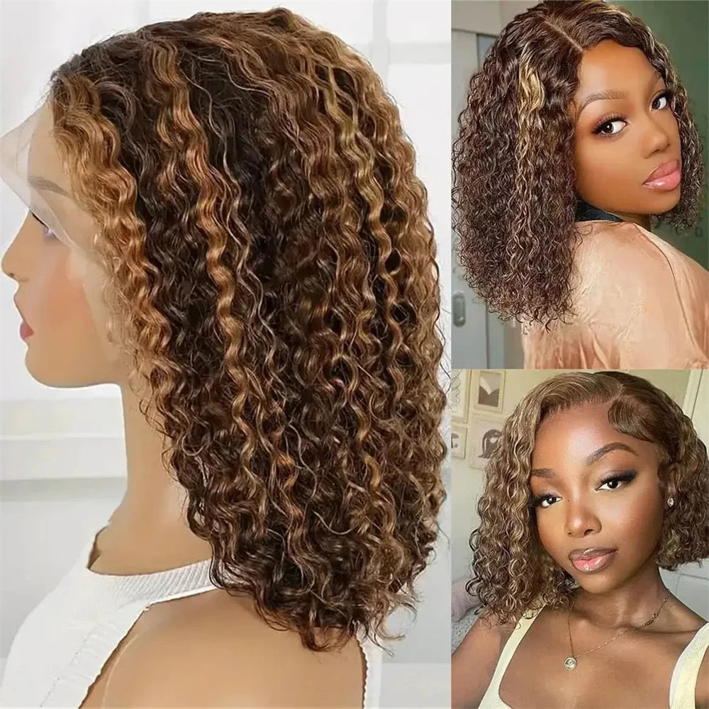 Highlight Color Short Bob Wigs Deep Wave 13x4 Lace Frontal Wigs Brazilian Human Hair Deep Curly Full Frontal Bob Wig Ombre Color