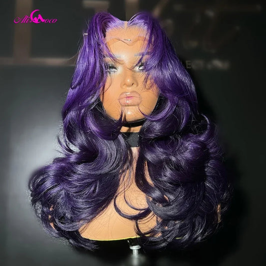 Purple And Black Ombre 180 200 Density Body Wave Lace Front Wigs Human Hair 13X4 13X6 Transparent Lace For Women Ombre Purple