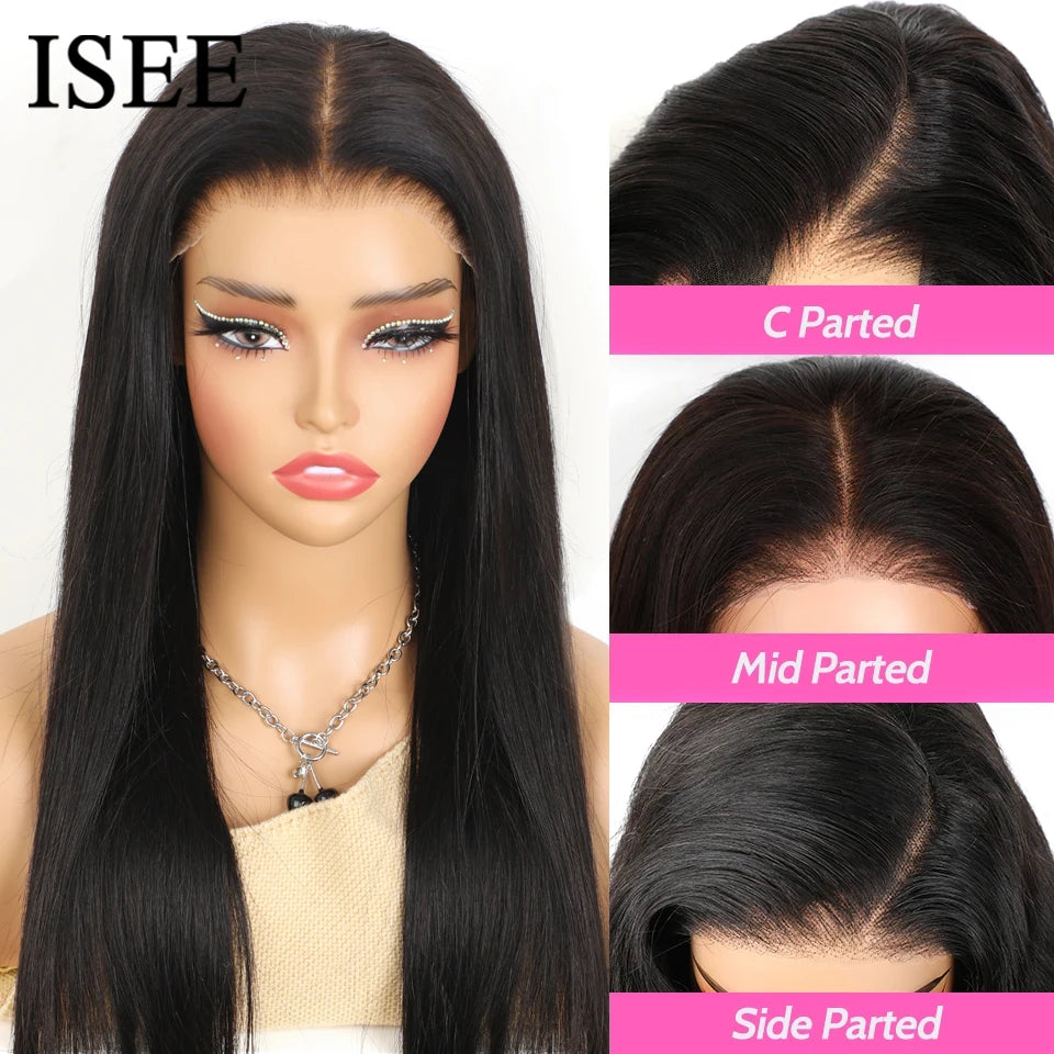 ISEE Hair Glueless Wig Human Hair Ready To Wear Straight Glueless Preplucked Wear And Go Wigs 6X4 HD Lace Front Wigs PreCut Lace