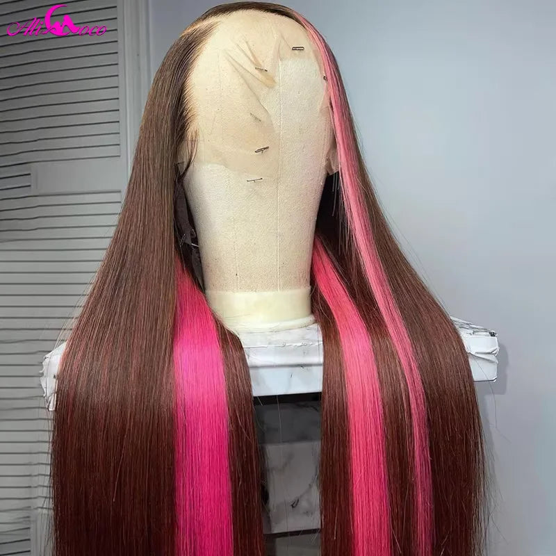 Lace Brown Pink 13x4 Straight Lace Frontal Wig For Women Pink Hightlight Body Lace Front Human Hair Wigs Remy Wig Ali Coco