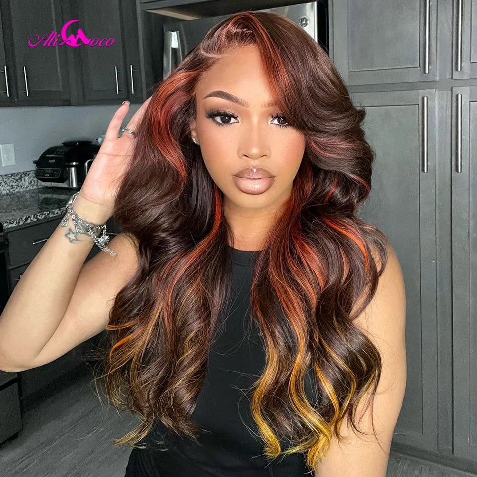 Highlight Brown And Yellow 13x6 Lace Closure Wigs 180 Density  Body Wave For Women Lace Front Wigs Human Hair Transparent