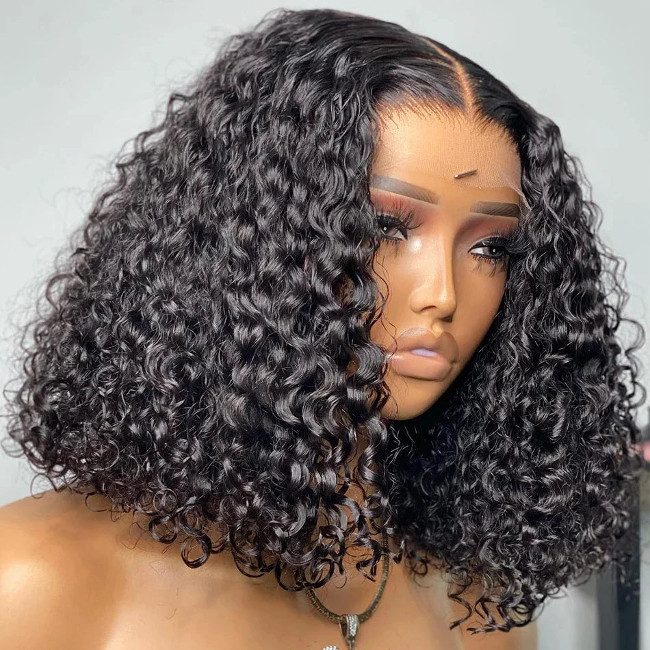 Deep Curly 13x4 Bob Wig Lace Front Human Hair Wig For Women Short Bob Wig 200% Density Transparent Lace Frontal Wig Water Wave