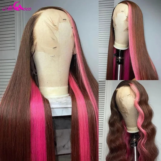 Lace Brown Pink 13x4 Straight Lace Frontal Wig For Women Pink Hightlight Body Lace Front Human Hair Wigs Remy Wig Ali Coco