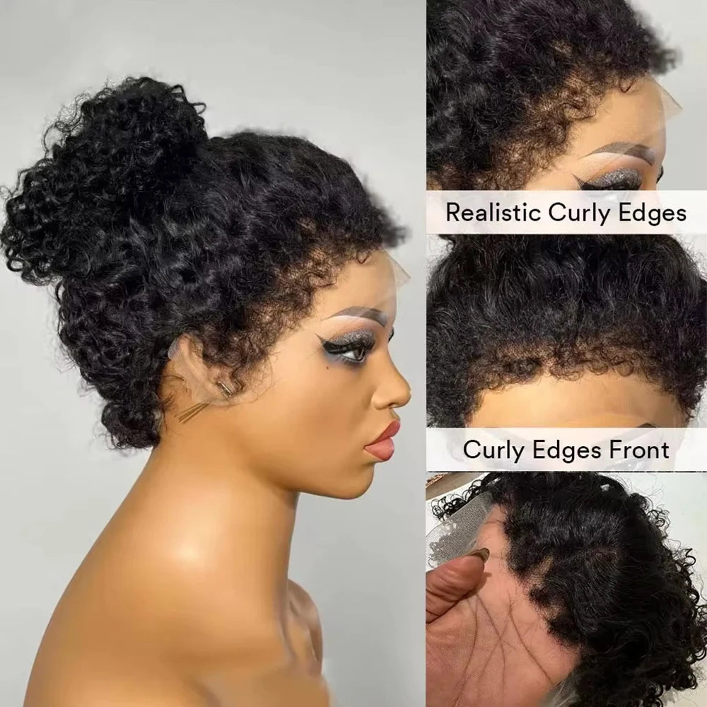 Short Bob Kinky Curly Human Hair Frontal Wig 4C Edges Lace Front Wigs Transparent 4x4 Closure Human Hair Wig Natural Hairline