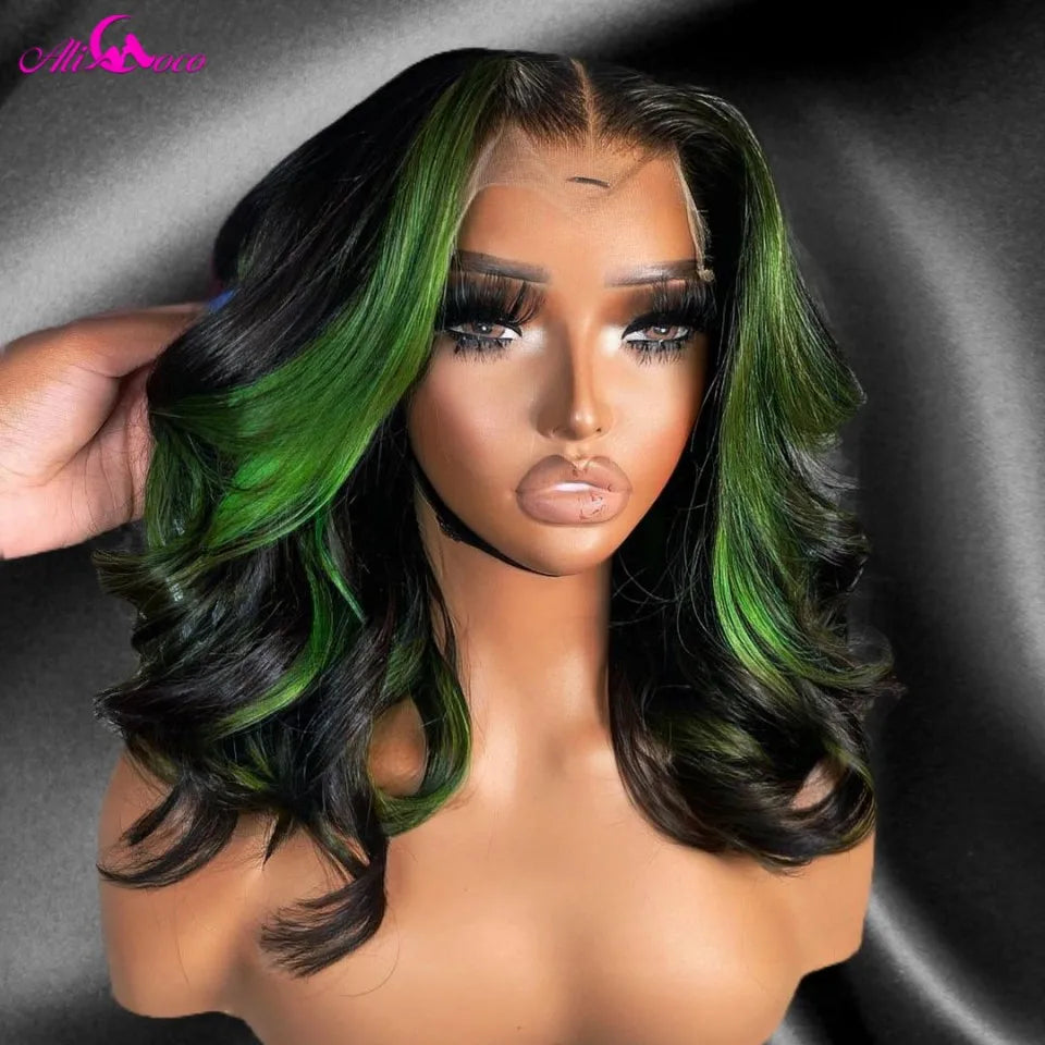 Highlight Green Body Wave Bob Wig Lace Frontal Human Hair Wigs 13x4 Short Bob Transparent Lace Wig Pre Plucked For Women