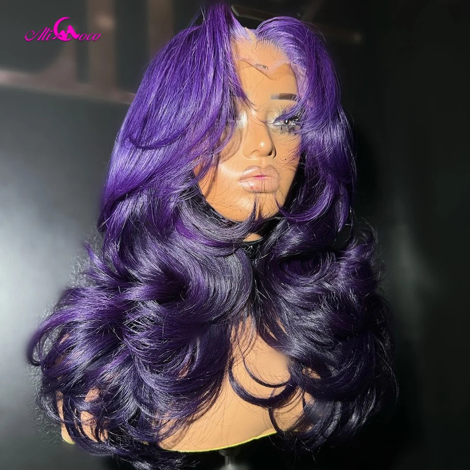 Purple And Black Ombre 180 200 Density Body Wave Lace Front Wigs Human Hair 13X4 13X6 Transparent Lace For Women Ombre Purple