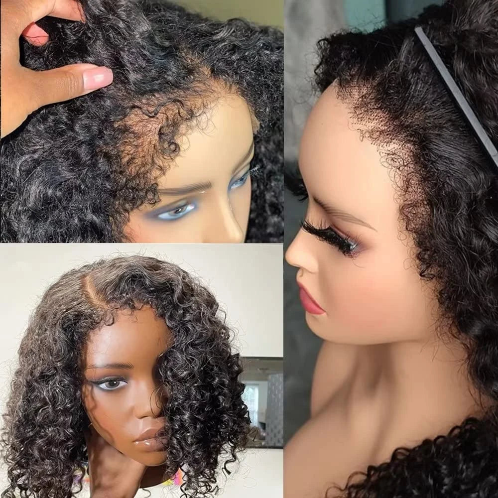 Short Bob Kinky Curly Human Hair Frontal Wig 4C Edges Lace Front Wigs Transparent 4x4 Closure Human Hair Wig Natural Hairline