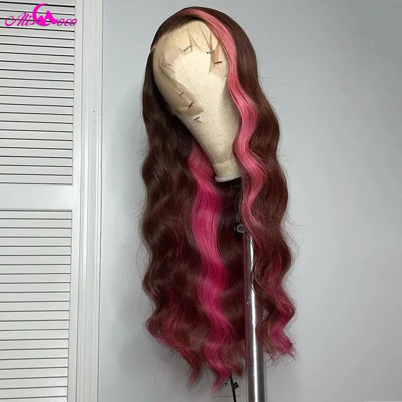 Lace Brown Pink 13x4 Straight Lace Frontal Wig For Women Pink Hightlight Body Lace Front Human Hair Wigs Remy Wig Ali Coco